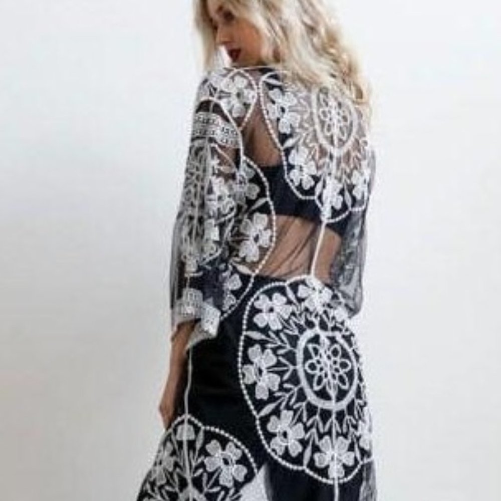 New with Tags- Contrast Embroidered Kimono